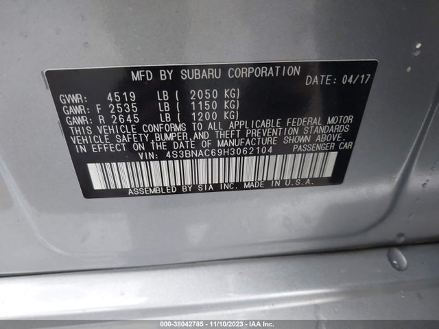 2017 SUBARU LEGACY 2.5I PREMIUM VIN: 4S3BNAC69H3062104