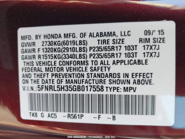 5FNRL5H35GB017558 Honda ODYSSEY SE