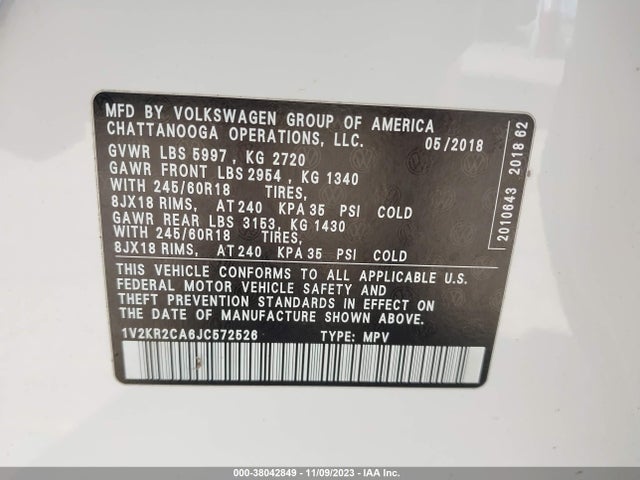 1V2KR2CA6JC572526 Volkswagen Atlas 3.6l V6 Se