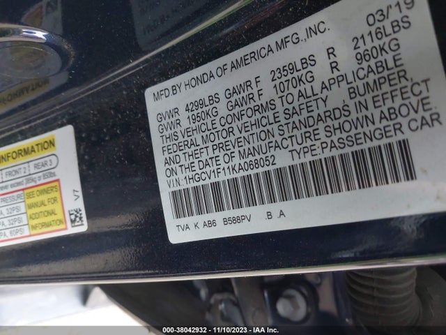 Honda ACCORD LX 2019 1HGCV1F11KA068052 Image 9