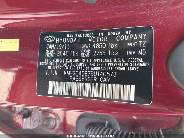 2011 HYUNDAI GENESIS 3.8 VIN: KMHGC4DE7BU140573