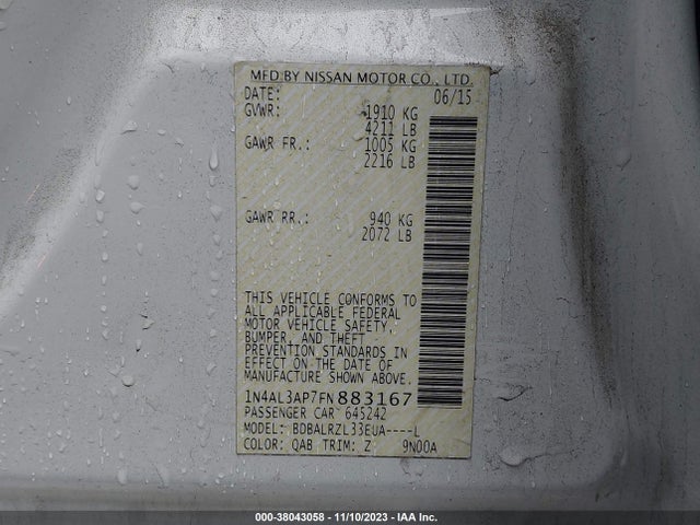 Nissan Altima 2.5 Sl 2015 1N4AL3AP7FN883167 Image 9