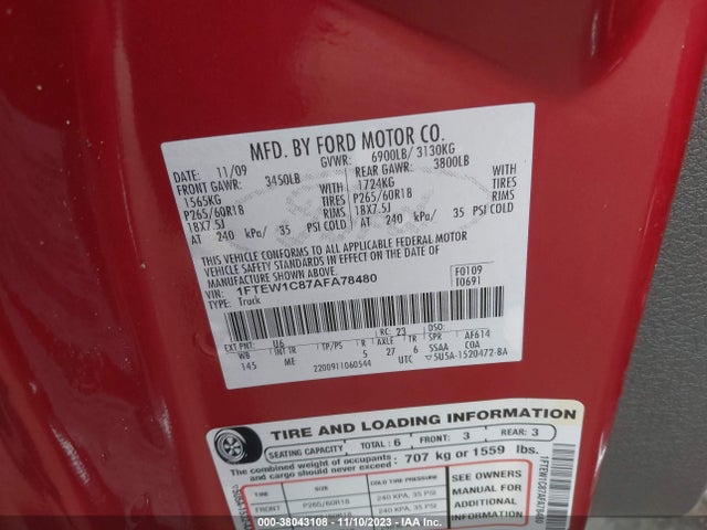 2010 FORD F-150 XL/XLT VIN: 1FTEW1C87AFA78480