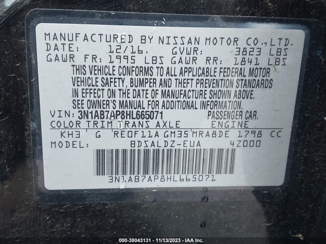 2017 NISSAN SENTRA SV VIN: 3N1AB7AP8HL665071
