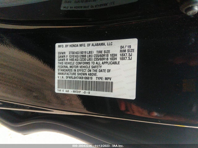 2019 HONDA ODYSSEY EX-L VIN: 5FNRL6H74KB106619