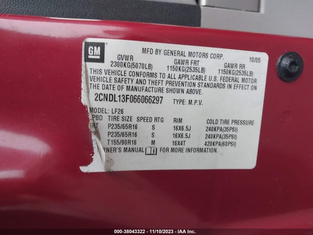 2006 CHEVROLET EQUINOX LS VIN: 2CNDL13F066066297