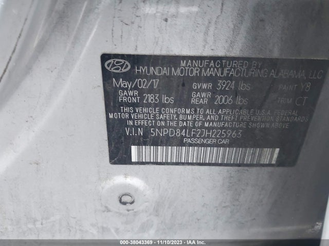 2018 HYUNDAI ELANTRA SEL VIN: 5NPD84LF2JH225963