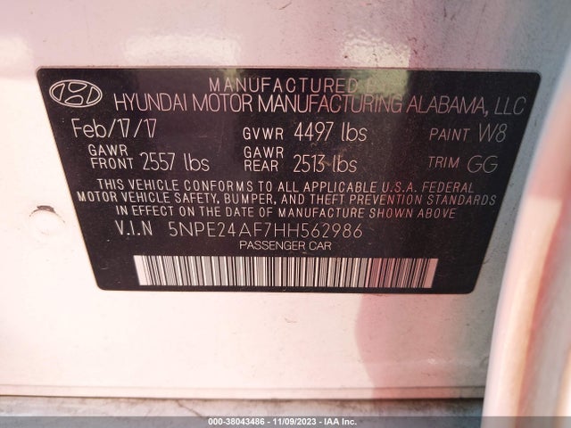 Продажа на аукционе авто 2017 Hyundai Sonata Se, vin: 5NPE24AF7HH562986, номер лота: 38043486