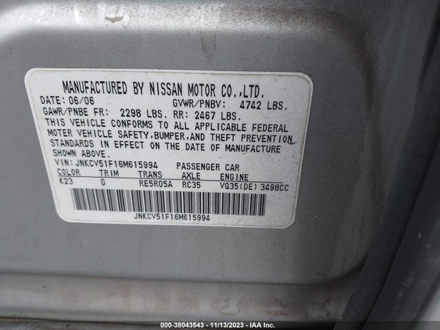 2006 INFINITI G35X VIN: JNKCV51F16M615994
