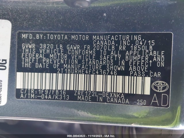 2015 TOYOTA COROLLA LE VIN: 2T1BURHE4FC416746
