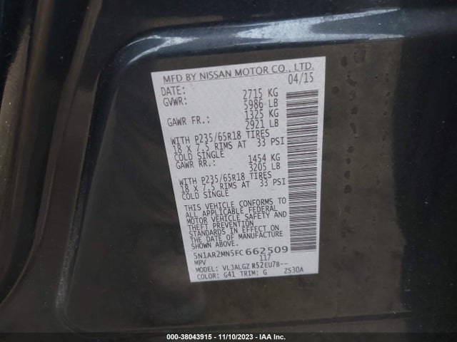 Nissan Pathfinder Sl 2015 5N1AR2MN5FC662509 Image 9