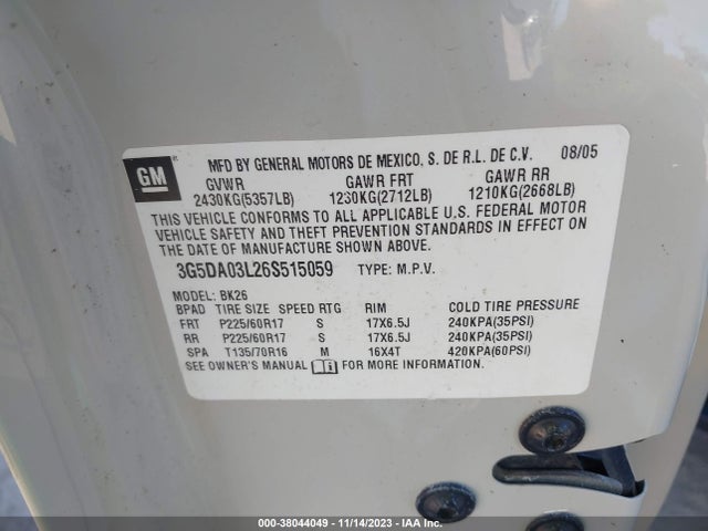 2006 BUICK RENDEZVOUS CX VIN: 3G5DA03L26S515059