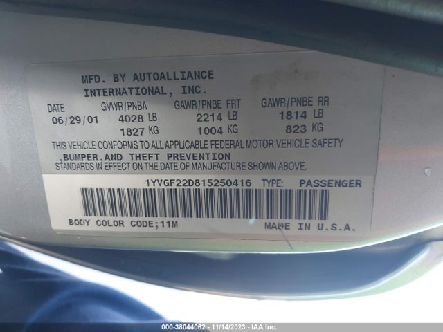 2001 MAZDA 626 ES/LX VIN: 1YVGF22D815250416