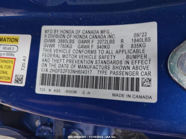 2022 HONDA CIVIC SPORT VIN: 2HGFE2F53NH604317