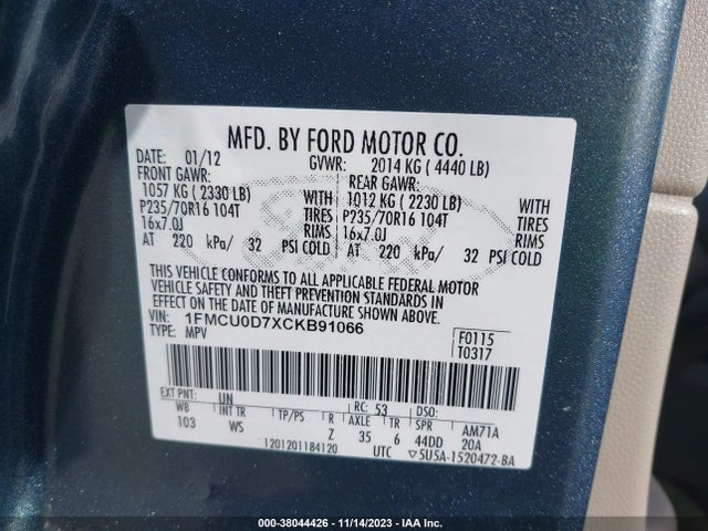 2012 FORD ESCAPE XLT VIN: 1FMCU0D7XCKB91066