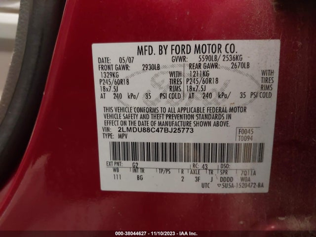 2007 LINCOLN MKX VIN: 2LMDU88C47BJ25773