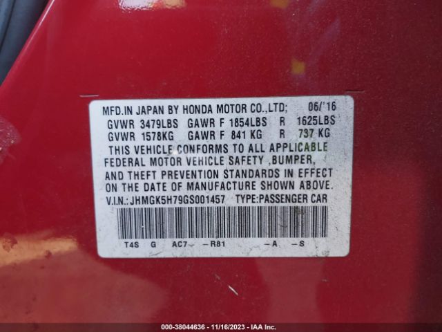JHMGK5H79GS001457 Honda FIT EX