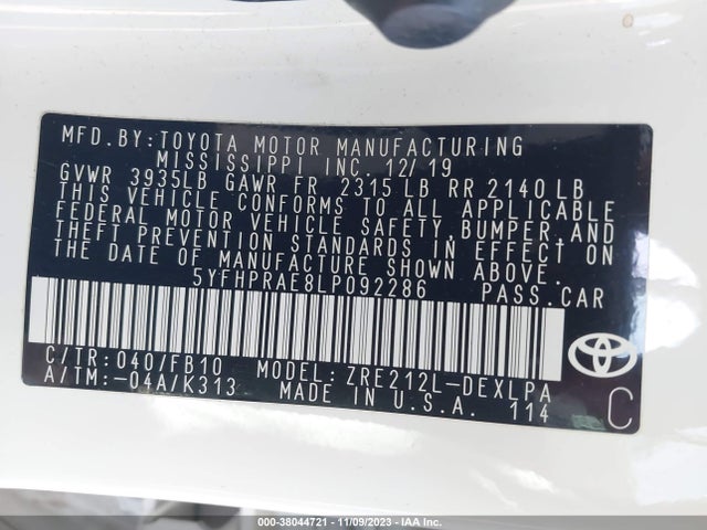 Toyota COROLLA LE 2020 5YFHPRAE8LP092286 Image 9
