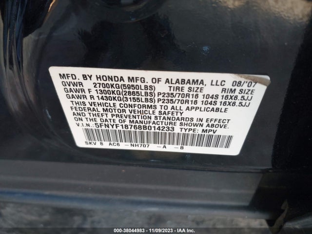 2008 HONDA PILOT EX-L VIN: 5FNYF18768B014233