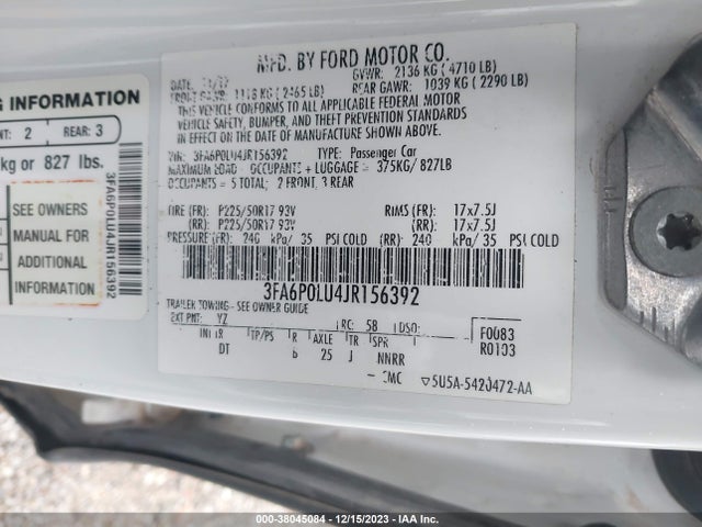 2018 FORD FUSION HYBRID SE VIN: 3FA6P0LU4JR156392
