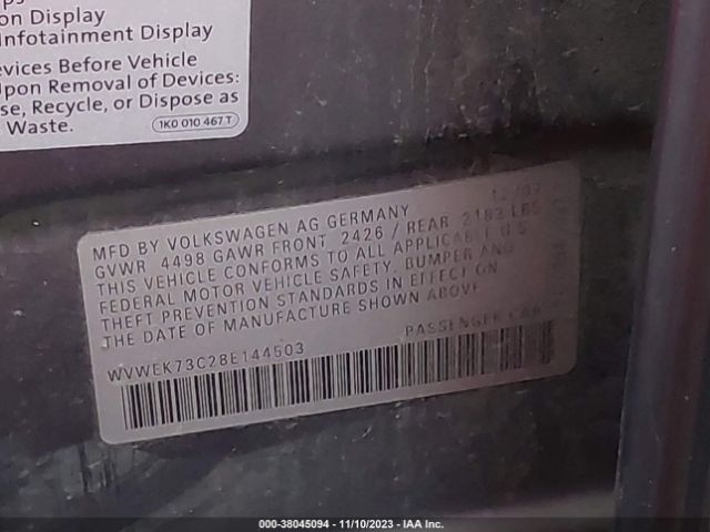 2008 VOLKSWAGEN PASSAT WVWEK73C28E144503 Photo 8