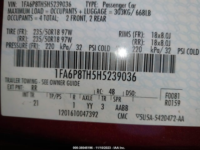 38045196 :رقم المزاد ، 1FA6P8TH5H5239036 vin ، 2017 Ford Mustang Ecoboost مزاد بيع