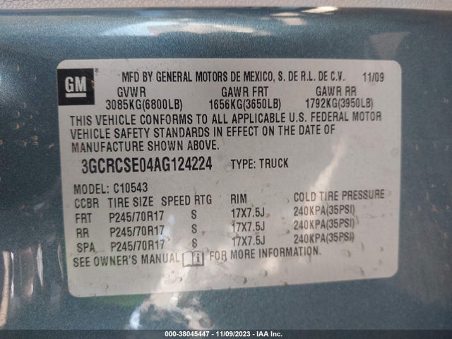 2010 CHEVROLET SILVERADO 1500 LT VIN: 3GCRCSE04AG124224