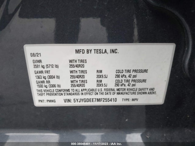 2021 TESLA MODEL Y LONG RANGE DUAL MOTOR ALL-WHEEL DRIVE VIN: 5YJYGDEE7MF255410