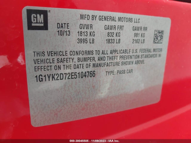 Chevrolet Corvette Stingray Z51 2014 1G1YK2D72E5104766 Image 9