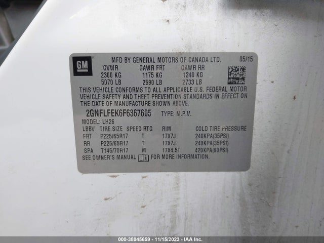 2015 CHEVROLET EQUINOX 1LT VIN: 2GNFLFEK6F6367605