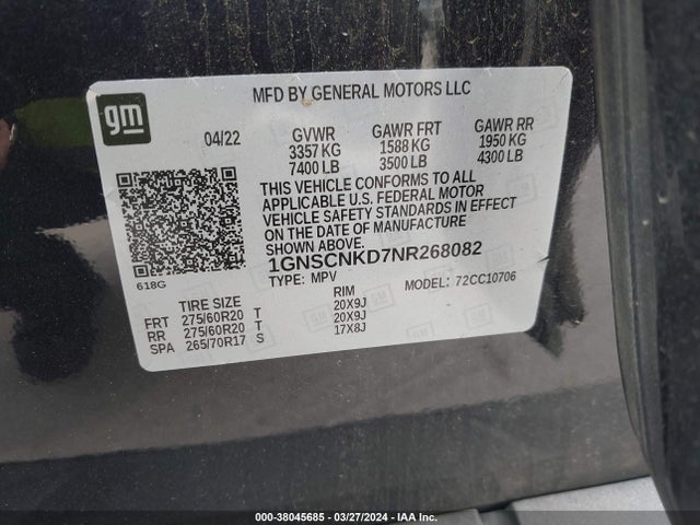 Chevrolet Tahoe 2wd Lt 2022 1GNSCNKD7NR268082 Image 9