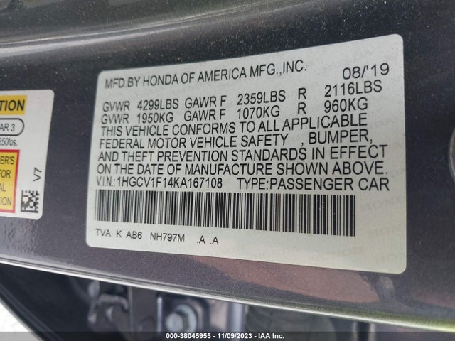 2019 HONDA ACCORD LX VIN: 1HGCV1F14KA167108