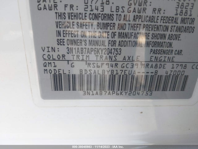 2019 NISSAN SENTRA S VIN: 3N1AB7AP6KY204753