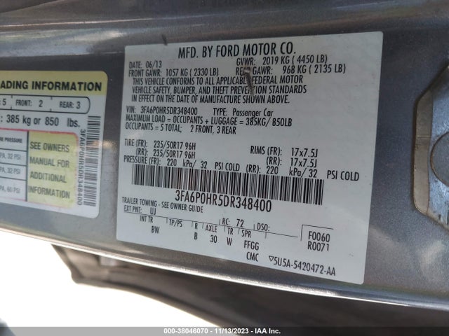 2013 FORD FUSION SE VIN: 3FA6P0HR5DR348400