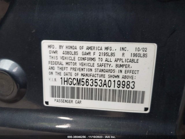 2003 HONDA ACCORD 2.4 LX VIN: 1HGCM56353A019983