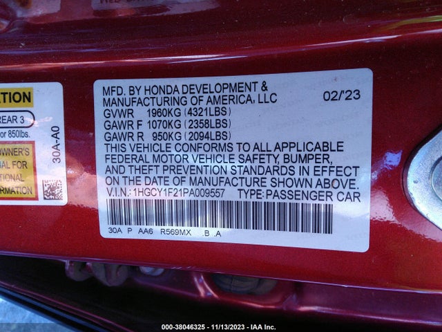 1HGCY1F21PA009557 Honda l15be