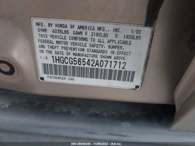 2002 Honda Accord Sdn Lx მანქანა იყიდება აუქციონზე, vin: 1HGCG56542A071712, აუქციონის ნომერი: 38046349