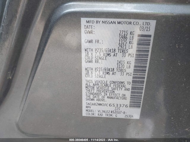 2015 NISSAN PATHFINDER SV VIN: 5N1AR2MM1FC653376