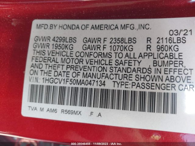 2021 HONDA ACCORD 1HGCV1F50MA047134 Photo 8
