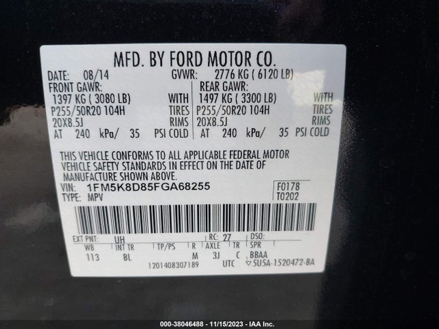 2015 FORD EXPLORER XLT VIN: 1FM5K8D85FGA68255