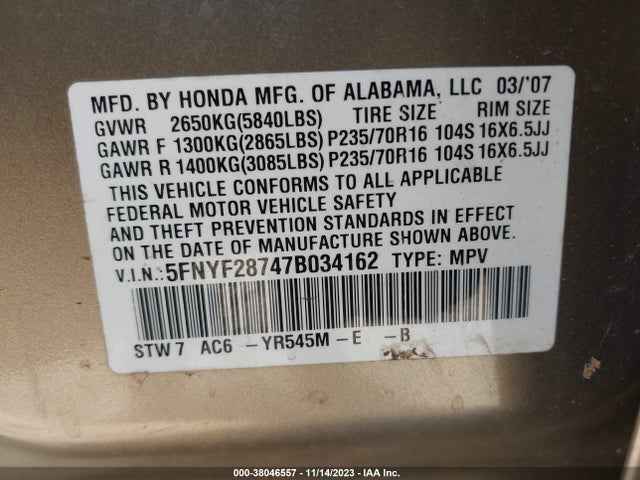 2007 HONDA PILOT EX-L VIN: 5FNYF28747B034162