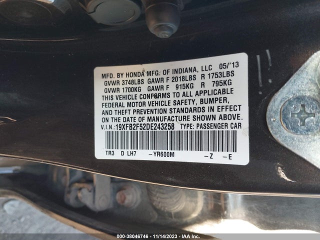 2013 HONDA CIVIC LX VIN: 19XFB2F52DE243258