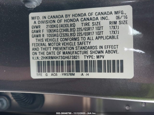 Honda Cr-v Ex-l 2016 2HKRM4H73GH673821 Image 9