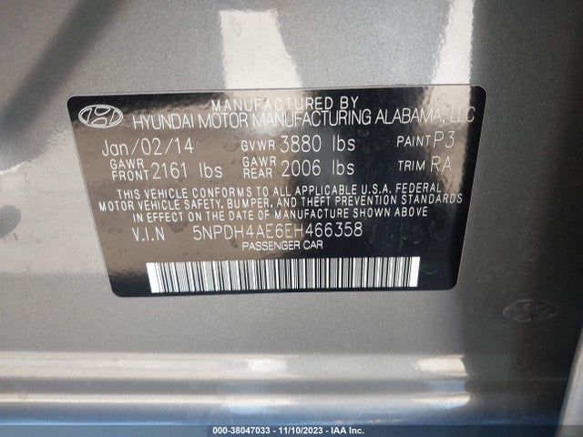 2014 HYUNDAI ELANTRA LIMITED VIN: 5NPDH4AE6EH466358