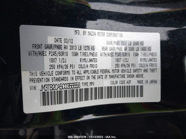 2012 MAZDA CX-9 TOURING VIN: JM3TB2CA5C0356558