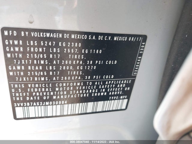 3VV3B7AX2JM030984 Volkswagen Tiguan 2.0t Sel/2.0t Se