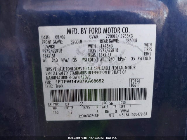 2007 FORD F-150 XLT/LARIAT/FX4 VIN: 1FTPW14V87KA68652