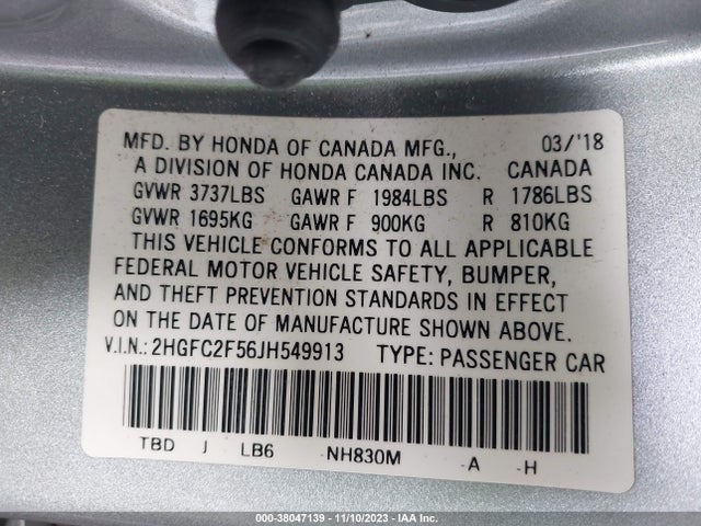 Honda Civic Lx 2018 2HGFC2F56JH549913 Image 9