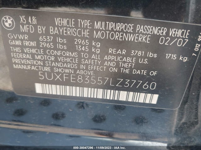 2007 BMW X5 4.8I VIN: 5UXFE83557LZ37760