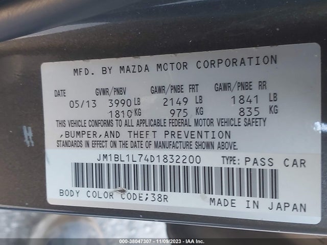 2013 MAZDA MAZDA3 I TOURING VIN: JM1BL1L74D1832200